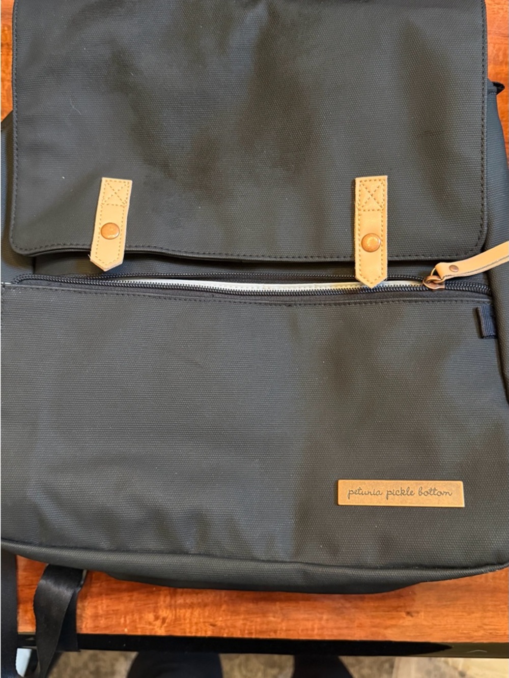 Petunia Pickle Bottom Meta Black Diaper Backpack with Tan Trim